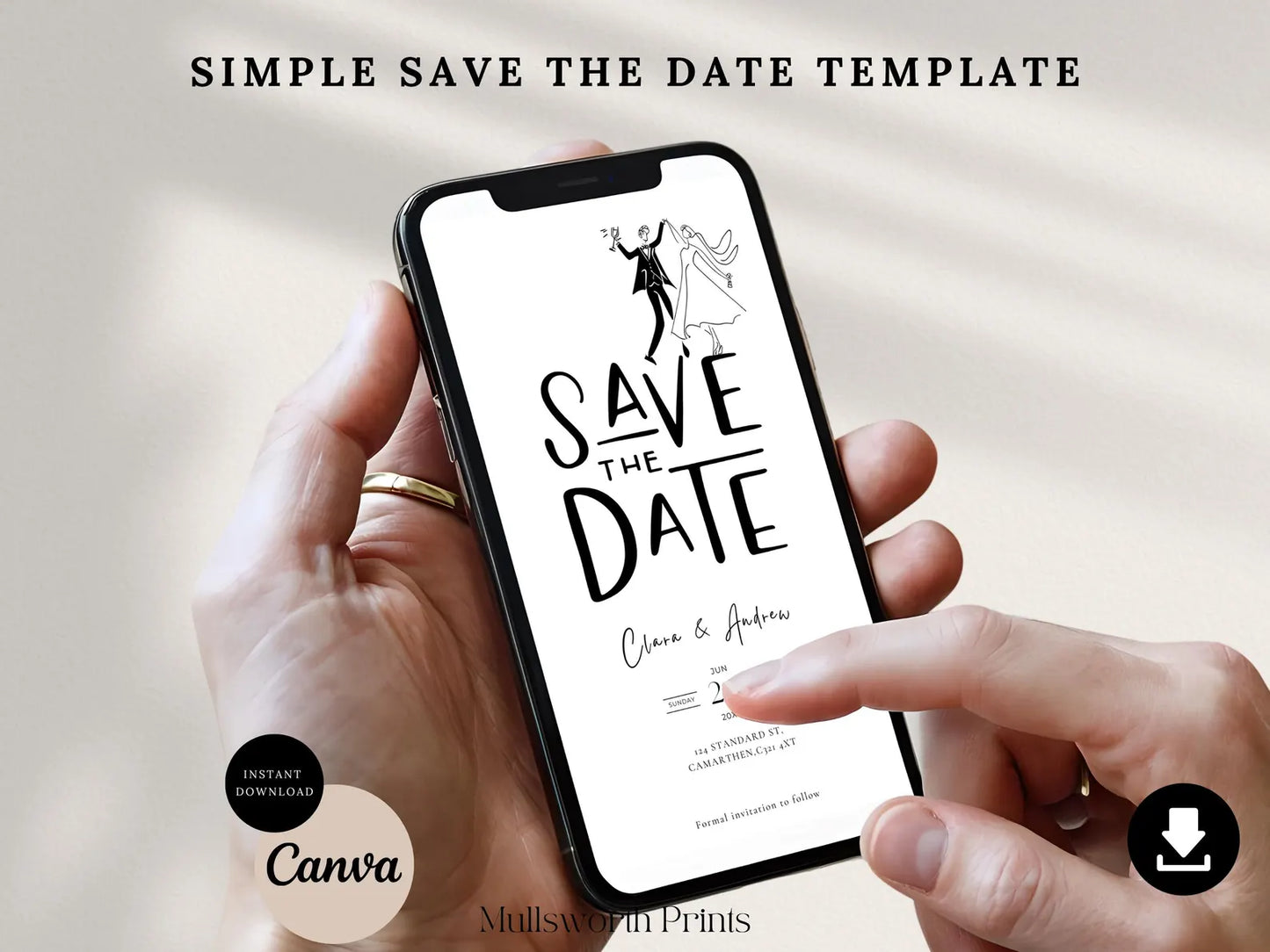 SAVE THE DATE Evite | Digital Wedding Invitation Template | Instant Download | Hand Drawn Email & Whatsapp Invite | MP08